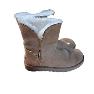 UGG Chestnut Suede Shearling Lined Ankle Boots with Gold Zippers